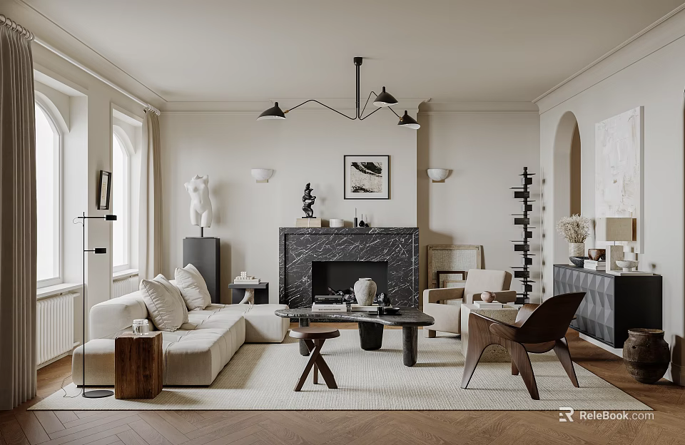 Modern Living Room Interior Featuring Sofa Fireplace Chandelier Rug And Artwork 3d model 