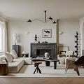 Modern Living Room Interior Featuring Sofa Fireplace Chandelier Rug And Artwork