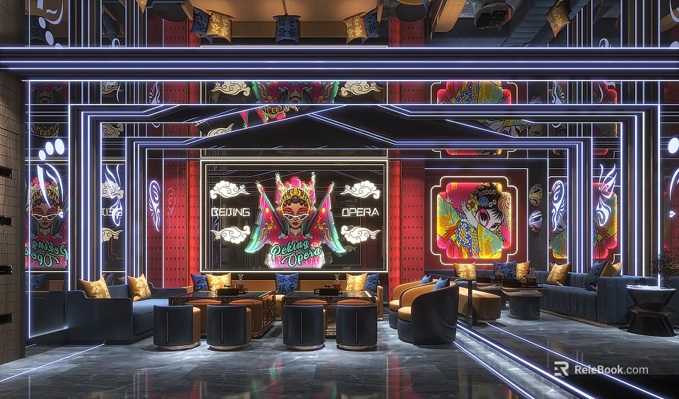 Vibrant KTV Interior With Red Background Neon Lights Peking Opera Masks And Cozy Sofa Seats 3d model 
