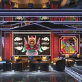 Vibrant KTV Interior With Red Background Neon Lights Peking Opera Masks And Cozy Sofa Seats