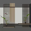 Modern Room Dividers With Wooden Frame Metal Grid And Green Plants On Shelves