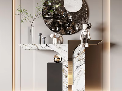 Modern Console Table with Marble Top Circular Mirror Decorative Figurine and Green Plants 3d model