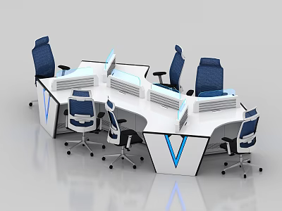 Modern Office Desk Setup With Multi Workstations Blue Chairs And Computer Monitors 3d model