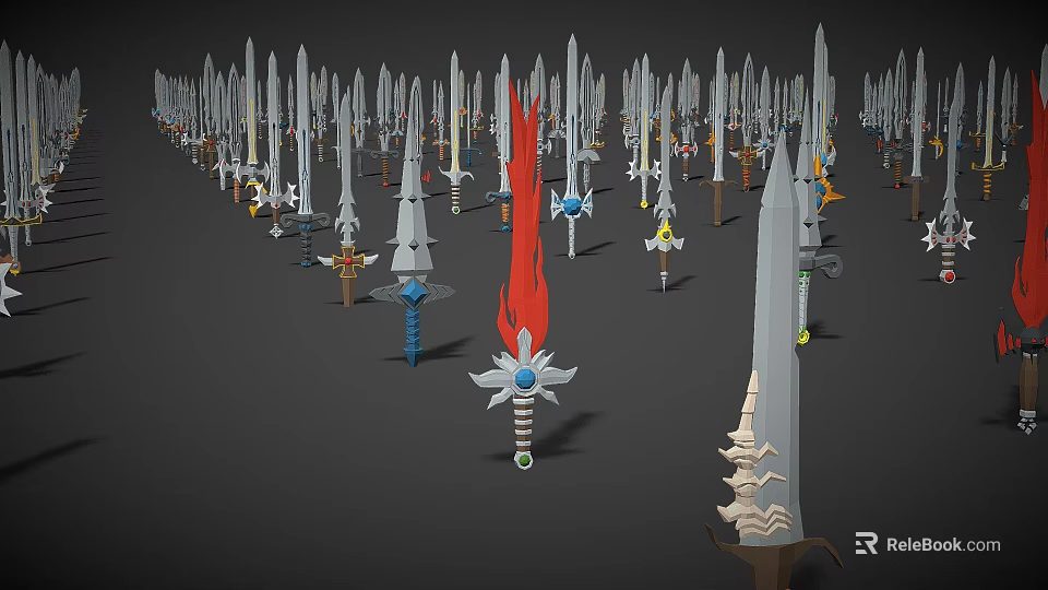 Various Designed Swords With Different Shapes And Decorations Arranged On Gray Background 3d model 