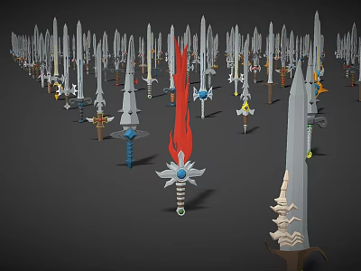Various Designed Swords With Different Shapes And Decorations Arranged On Gray Background 3d model