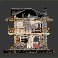 Two Story Stone Building With Wooden Balcony Gray Roof Solar Panel Weather Vane And Green Lawn