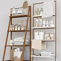 Organized Bathroom Cabinet Rack With Multi tiered Shelves Skincare Bottles Folded Towel And Containers
