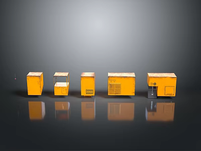 Multiple Yellow Computer Cases Arranged On Black Reflective Surface With Gray Background 3d model