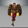 Steampunk Female Character with Red Hair Goggles and Mechanical Wings in Red and Yellow Outfit