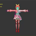 Cute Child Cartoon Girl in Pink Dress with Cat Ears and Outstretched Arms