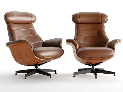 Modern Brown Leather Leisure Chairs With Wooden Backrest And Swivel Base 3d model