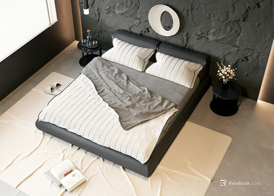 Modern Double Bed With Striped Bedding Gray Tones Circular Wall Decor Nightstands Rug And Window Light 3d model 