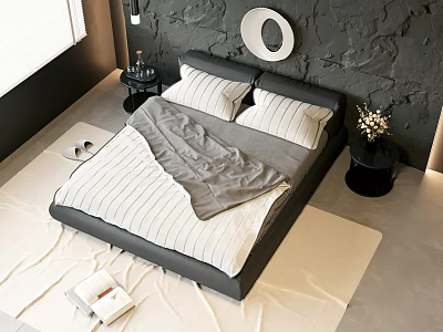 Modern Double Bed With Striped Bedding Gray Tones Circular Wall Decor Nightstands Rug And Window Light 3d model