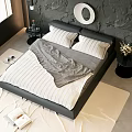 Modern Double Bed With Striped Bedding Gray Tones Circular Wall Decor Nightstands Rug And Window Light