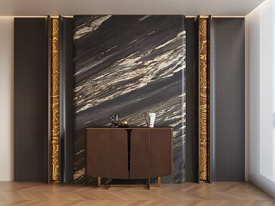 Foyer Hallway Interior Design With Marble Wall Golden Trim Brown Cabinet Herringbone Floor 3d model
