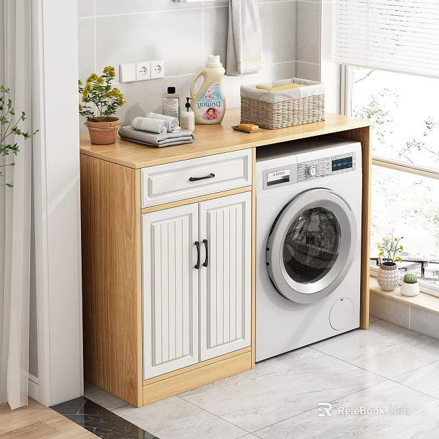 Wooden Bathroom Cabinet with Washing Machine Towels Toiletries Plants and Basket in Bright Natural Light 3d model 