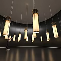 Art Installation Featuring Glowing Long Hanging Lamps And Person In Dark Interior Space