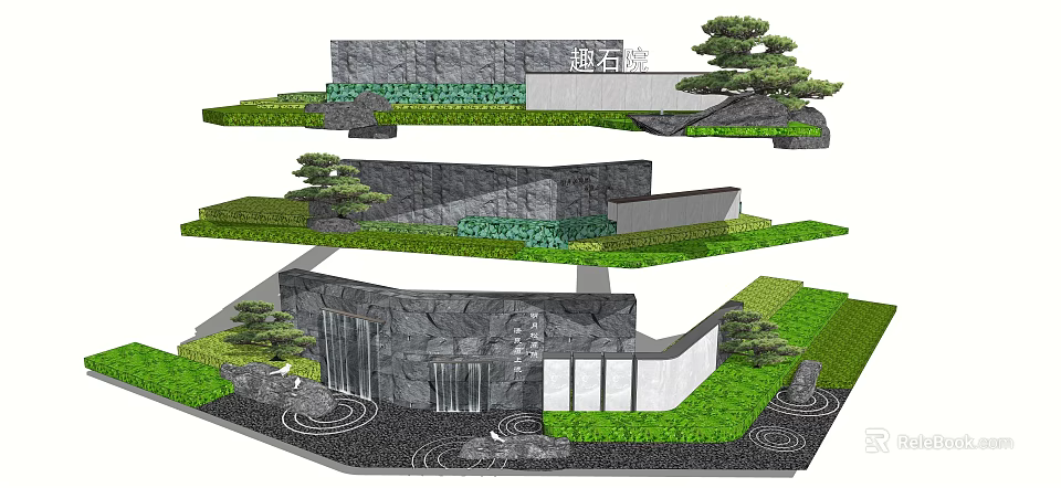 Landscape Wall Design With Stone Stacking Pine Trees Lawn Water Features And Stone Steps 3d model