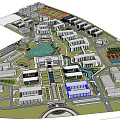 Modern School Buildings Aerial View with Sports Ground Pond Greenery and Surrounding Roads
