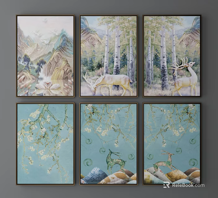 Animal Paintings With Deer Mountain Landscapes Trees And Flowers Decorative Wall Art 3d model 