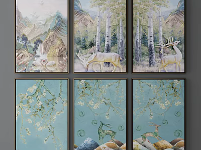 Animal Paintings With Deer Mountain Landscapes Trees And Flowers Decorative Wall Art 3d model