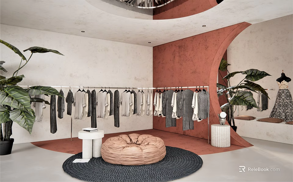 Modern Clothing Store Interior With Clothes On Display Bean Bag And Decorative Plants 3d model 