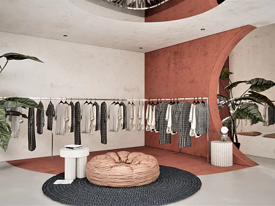 Modern Clothing Store Interior With Clothes On Display Bean Bag And Decorative Plants 3d model