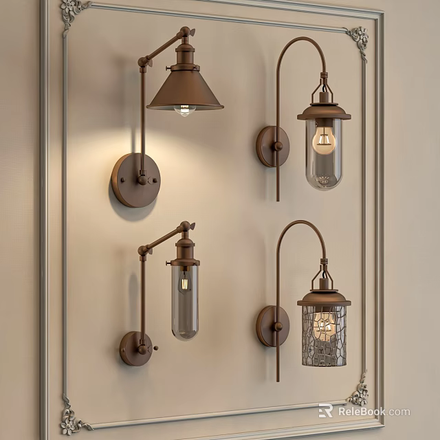 Vintage Metal Wall Sconces with Glass Shades and Decorative Brackets for Indoor Lighting 3d model 