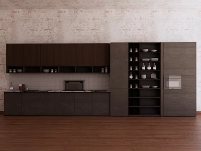 Dark Modern Kitchen Cabinets With Matte Finish Display Cabinet And Built In Oven 3d model