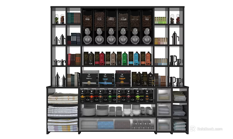 Modern Multi Tiered Storage Shelving Unit With Bottles Cans Mugs Towels And Dishes 3d model 