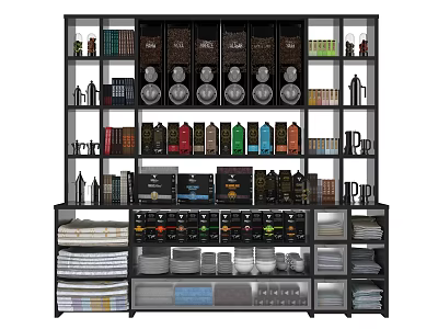 Modern Multi Tiered Storage Shelving Unit With Bottles Cans Mugs Towels And Dishes 3d model