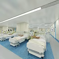 Modern Hospital Ward Interior With White Beds Blue Flooring And Medical Facilities