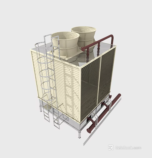 Industrial Cooling Tower With Dual Fans Metal Frame Ladder And Red Pipes 3d model 