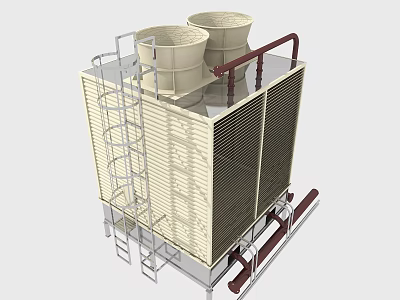 Industrial Cooling Tower With Dual Fans Metal Frame Ladder And Red Pipes 3d model