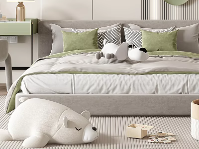 Cozy Kids Room Interior With Green Pillows Stuffed Bear And Toy Box On Carpet 3d model