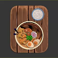 Steaming Ramen Bowl With Colorful Toppings On Wooden Tray And Chopsticks