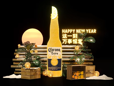 Corona Extra Beer Bottle With Happy New Year Neon Sign Wooden Crates And Green Plants 3d model
