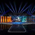 Modern Stage Platform Design With Blue Orange Lighting And Flame Effects 3d model