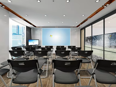 Modern Conference Room With Black Chairs Large Screen Windows And Natural Light 3d model