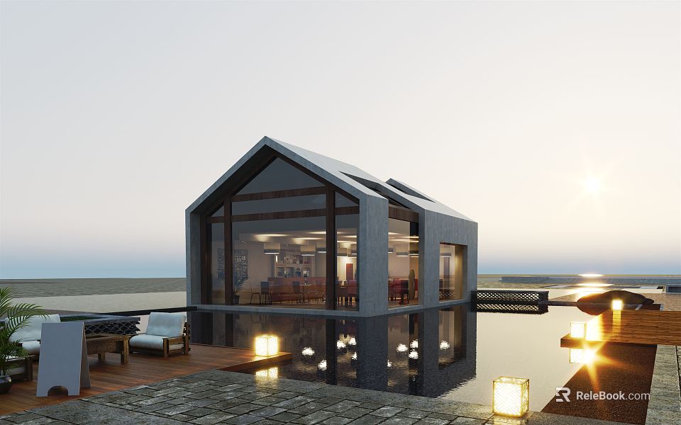 Modern Waterfront House With Glass Walls Sunset View Water Reflection And Deck Lighting 3d model 