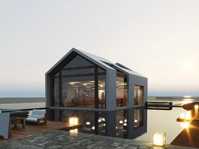Modern Waterfront House With Glass Walls Sunset View Water Reflection And Deck Lighting 3d model
