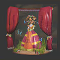 Traditional Dressed Girl With Floral Hair And Colorful Butterflies Near Red Curtains On Wooden Platform
