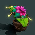 Vibrant Plant with Pink Layered Petals Green Leaves Water Droplets Glowing Yellow Lines in Pot