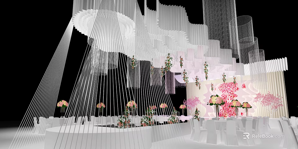 Banquet Hall Interior With Curved White Strip Ceiling And Pink White Flower Arrangements 3d model 