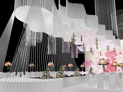 Banquet Hall Interior With Curved White Strip Ceiling And Pink White Flower Arrangements 3d model