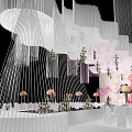 Banquet Hall Interior With Curved White Strip Ceiling And Pink White Flower Arrangements
