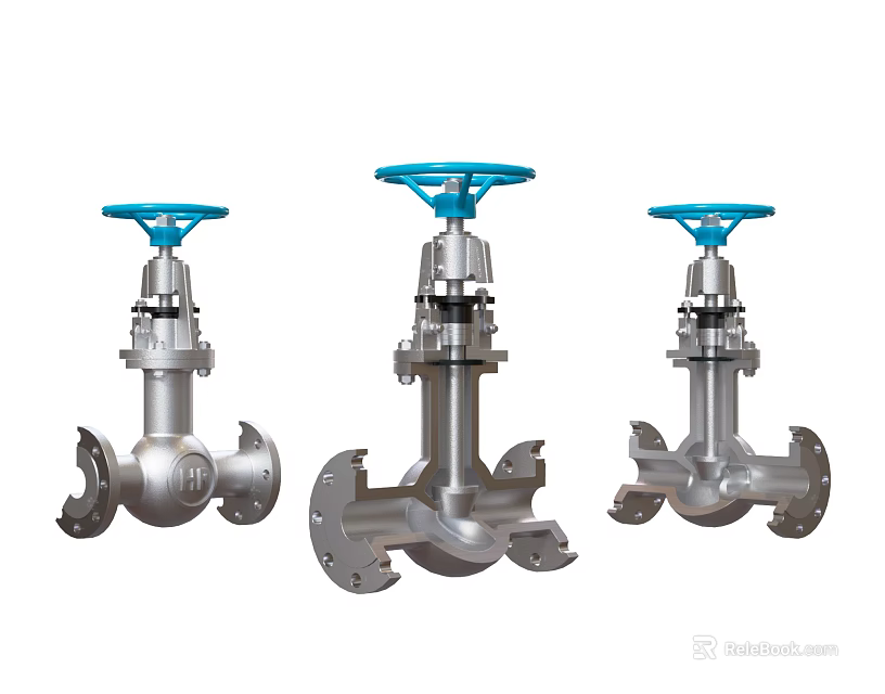 Three Industrial Gate Valves With Blue Handles And Silver Bodies 3d model 