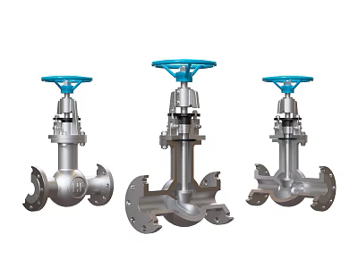 Three Industrial Gate Valves With Blue Handles And Silver Bodies 3d model