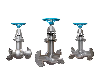 Three Industrial Gate Valves With Blue Handles And Silver Bodies 3d model