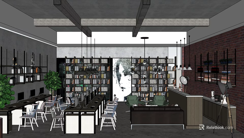 Public Office Space With Bookshelves Sofa Tables Chairs And Decorative Painting 3d model 